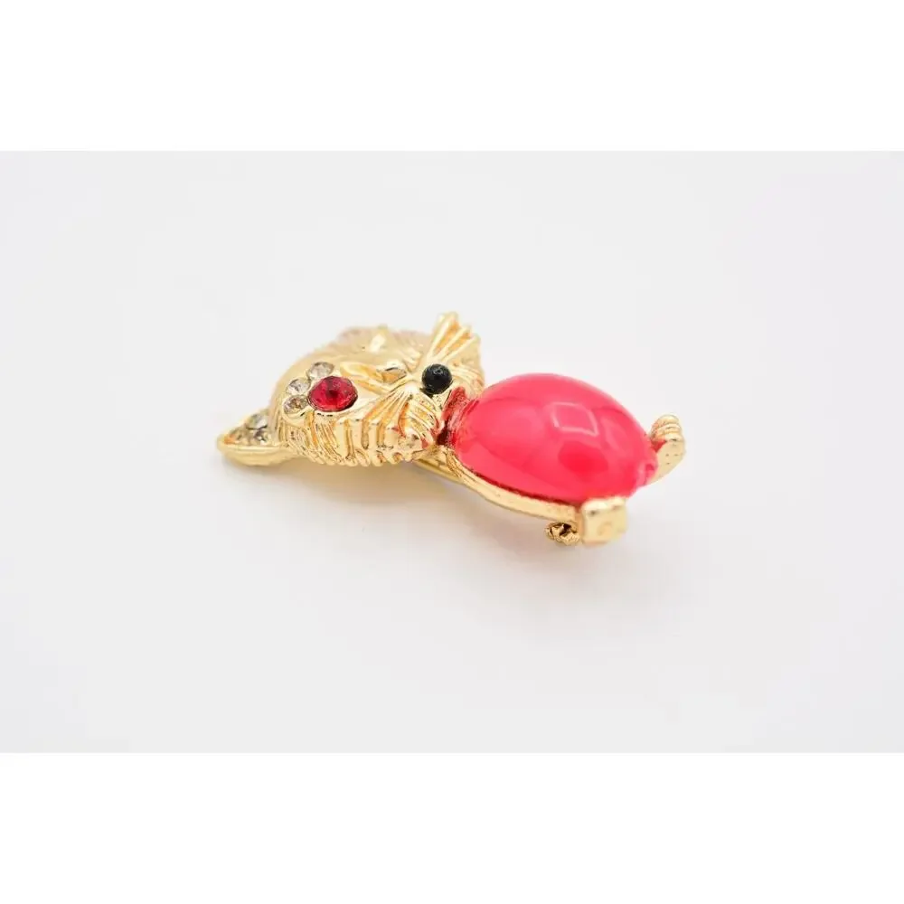 Vintage Winking Cat Pin Brooch Kissy Face Cabochon Crystal Gold 1980s BinATa
